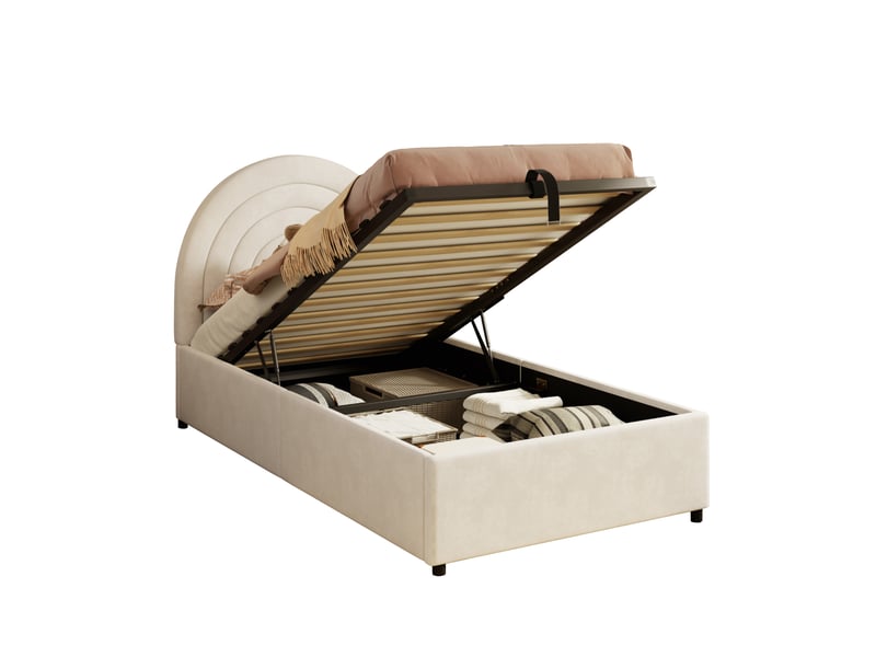  Lit capitonné 90x200 enfant velours beige - lit simple avec sommier et coffre hydraulique  - Conforama A