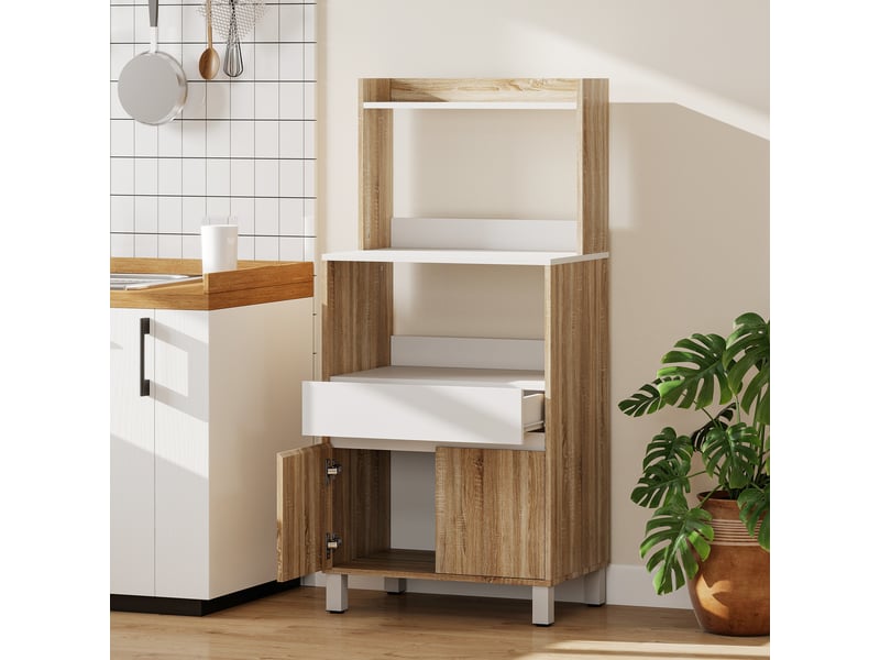  Meuble micro-ondes, buffet cuisine avec tiroir, 2 portes à fermeture douce, chêne, plan de travail et étagères ouvertes  - Conforama D