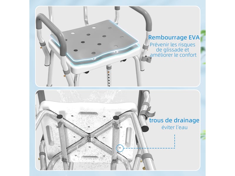 Tabouret de douche ergonomique avec hauteur réglable et pieds antidérapants 56,5 x 53,5 x 87 cm blanc et gris - Conforama E
