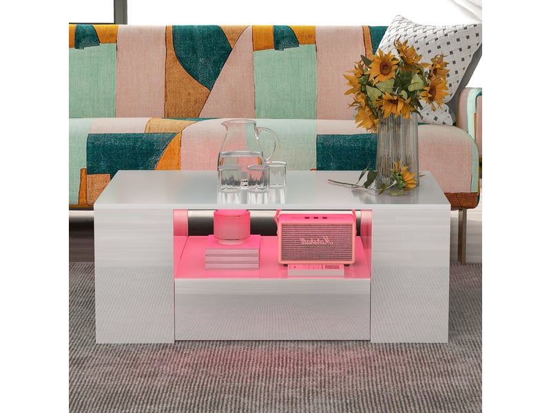  Table basse, mdf, blanc, 95 x 53 x 37 cm, avec éclairage led, avec rangement  - Conforama R