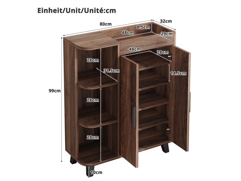  Meuble à chaussures étroit 80x32x99 cm, meuble de rangement entrée avec portes abattantes et étagères ouvertes, design noyer  - Conforama C