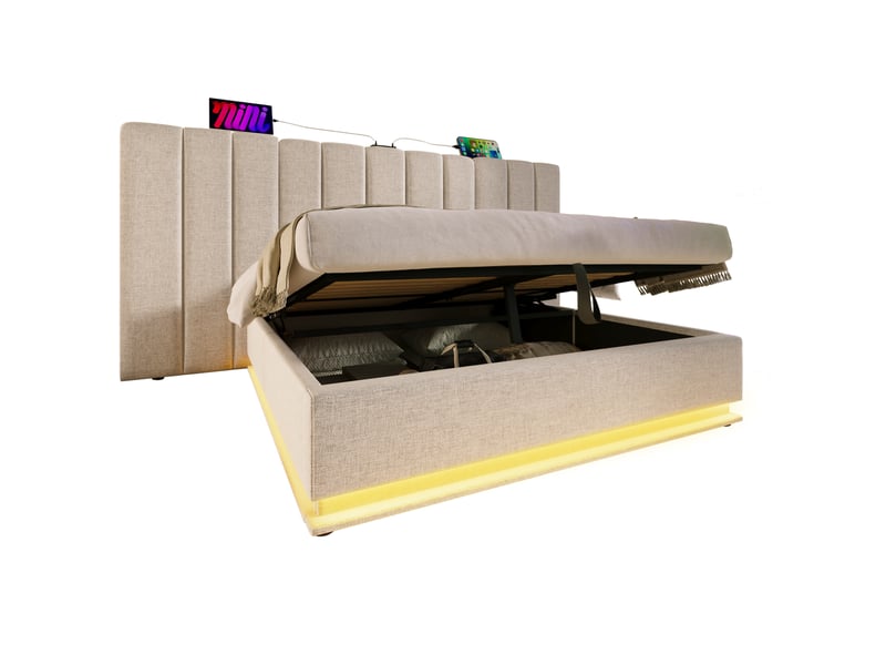 Lit coffre 180×200 cm avec led et ports usb, lin, beige, avec matelas - Conforama A