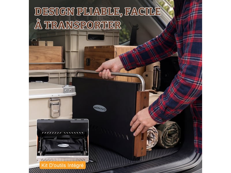  HOMAVO Barbecue Charbon de Bois Portable, Avec Ustensiles Barbecue, Conception Pliable, Surface de Cuisson: 38,15 x 20,95 cm, Adapté pour Camping, Jardin, Balcon  - Conforama C