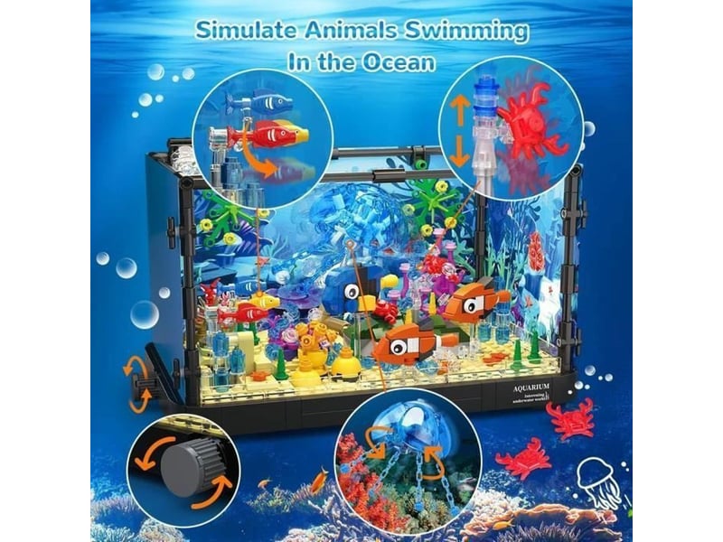  Set de construction aquarium 725 pieces avec 2 led, fond oceanique amovible et animaux marins mobiles  - Conforama C