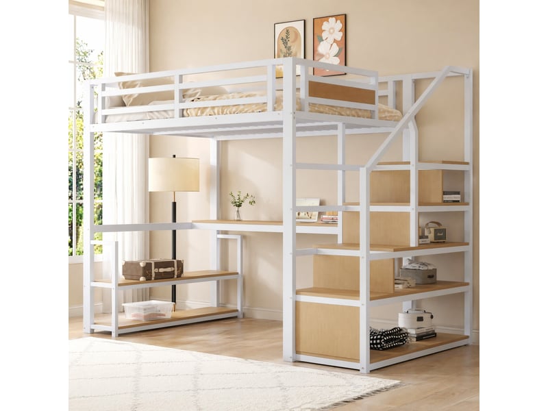  Lit mezzanine 140x200 cm avec bureau, étagères et escalier de rangement blanc  - Conforama D
