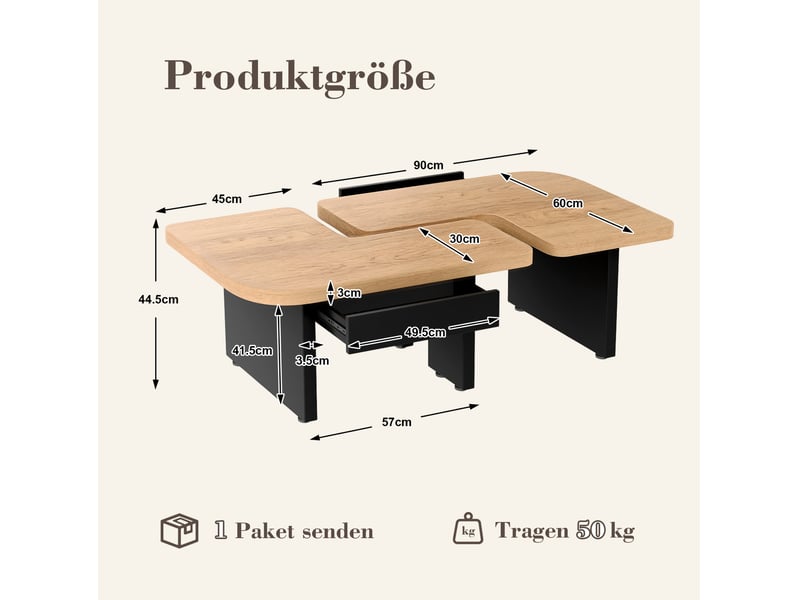  Table basse 2-en-1 90x60x44.5 cm en mdf, led, 2 tiroirs, effet bois naturel et noir  - Conforama C