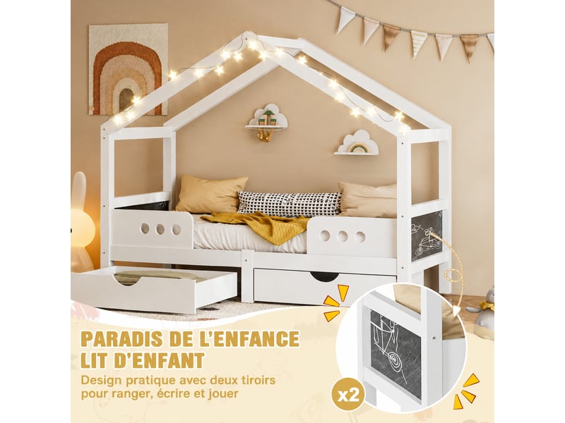 Lit cabane enfant avec deux tiroirs, bois et mdf, 90 x 200 cm, tableau ardoise, blanc - Conforama R