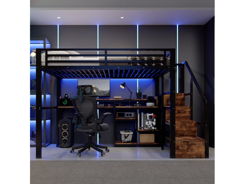 Lit mezzanine 140 × 200 cm 2 places, armoire-escalier, rangement, usb, type-c et led, sans matelas, métal noir - Conforama C