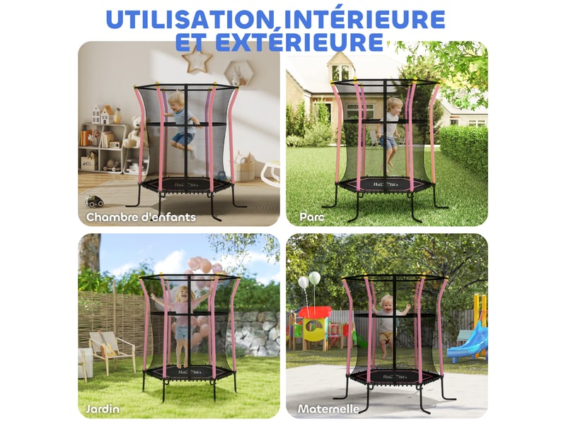  Trampoline pour enfant 1,22 x 1,11 x 1,9 m filet de sécurité porte zippée 6 poteaux rembourrés inclus rose noir  - Conforama W