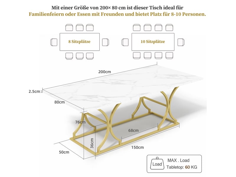  Table à manger 200 x 80 cm pour 8 à 10 personnes, effet marbre, blanc et doré  - Conforama C