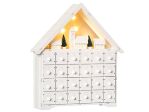 Calendrier de l'avent en bois à remplir, avec 24 tiroirs et village de noël décoré de sapins et de lumières, 39 x 9 x 42 cm