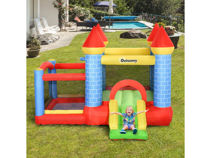  Château gonflable avec toboggan et piscine pour 3 enfants, avec gonfleur, pour les 3-8 ans, rouge, bleu et vert, 280 x 260 x 210 cm  - Conforama C