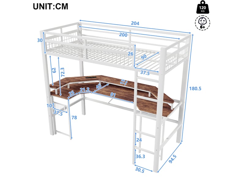 Lit mezzanine 90 x 200 cm blanc avec bureau, led multicolore, prises et usb - Conforama C