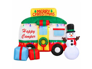Décoration gonflable de noël, camping-car avec bonhomme de neige et cadeaux, lumières colorées