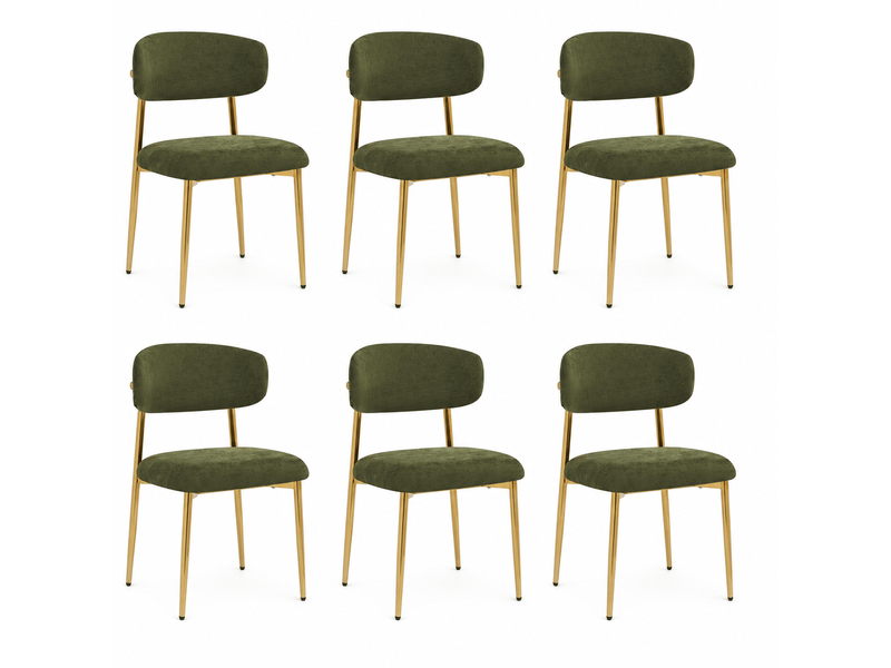  Lot de 6 chaises de salle à manger, dossier courbé, métal et bois, couleur vert et doré  - Conforama A
