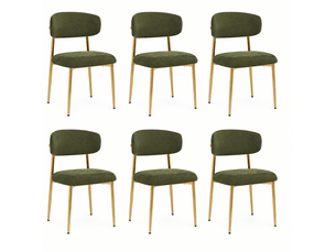 Lot de 6 chaises de salle à manger, dossier courbé, métal et bois, couleur vert et doré
