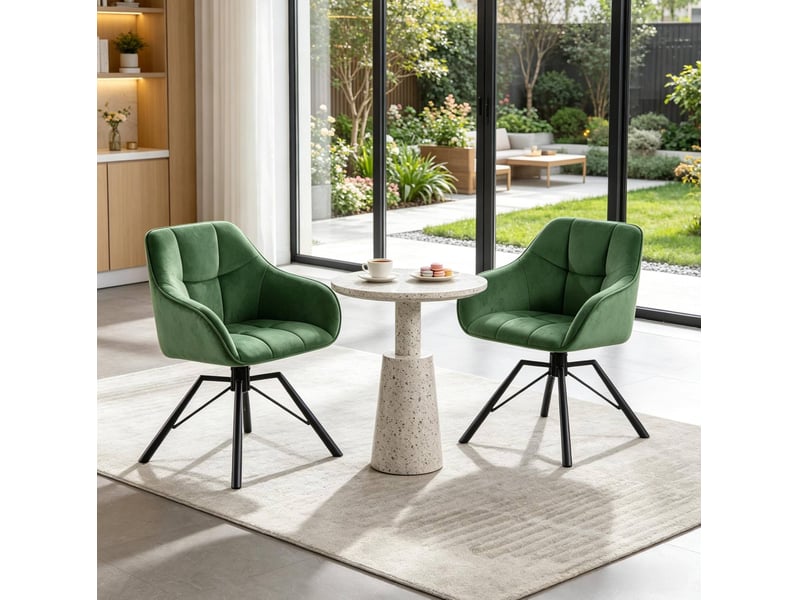  Chaise de salle à manger 57x50x82,5cm, cadre en métal, finition vert foncé, rotation 360°, avec accoudoirs, lot de 2  - Conforama B