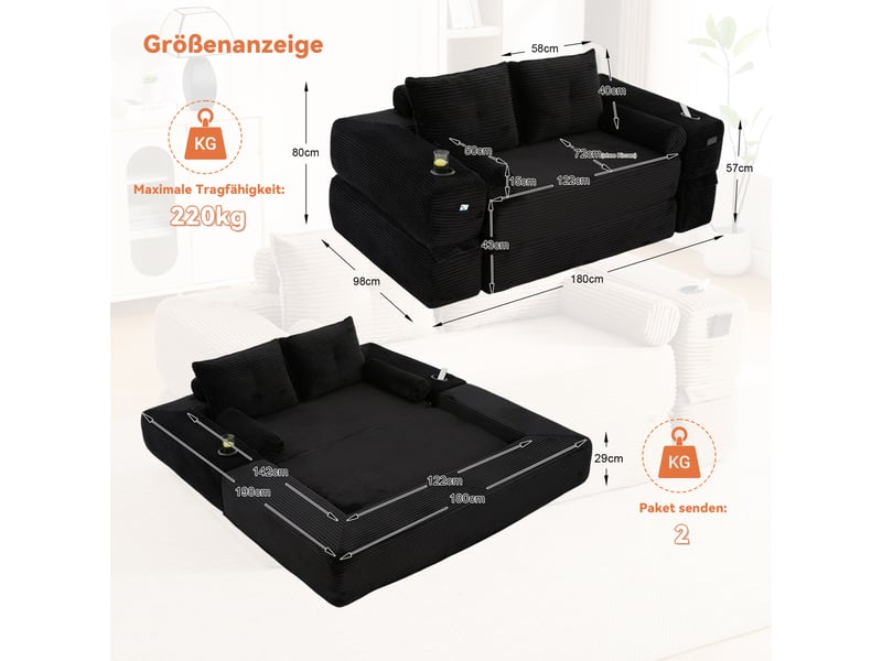  Canapé convertible 2 places avec poches latérales, porte-gobelet et coussins à mémoire de forme en velours côtelé noir  - Conforama C