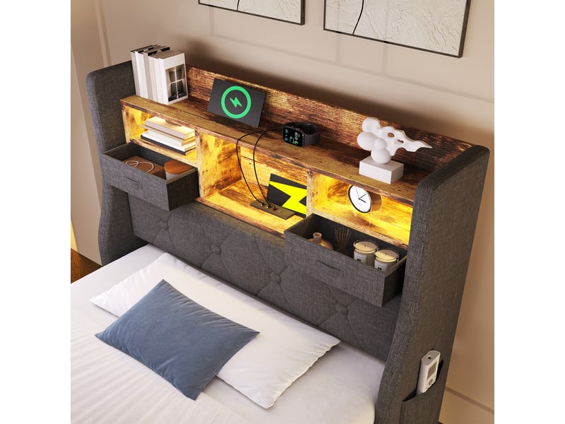  Lit flottant rembourré led avec rangement et usb-c, gris, 90x200 cm Fay Lum - Conforama D