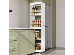 Desserte 40 x 30 x 160,5 cm – blanche – 4 niveaux avec roulettes et barrières de sécurité