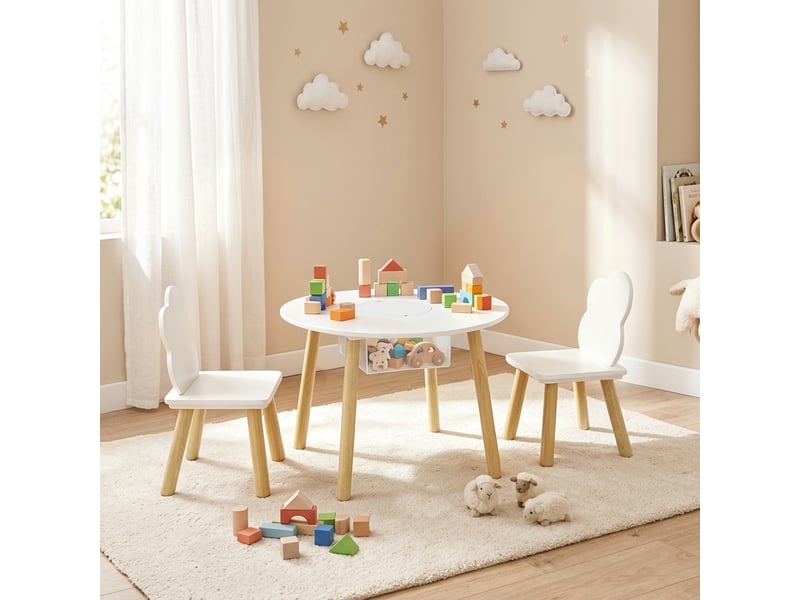  Table enfant avec chaise, ensemble table et 2 chaises en bois avec sac de rangement pour dessiner, jouer, blanc, étudier  - Conforama D