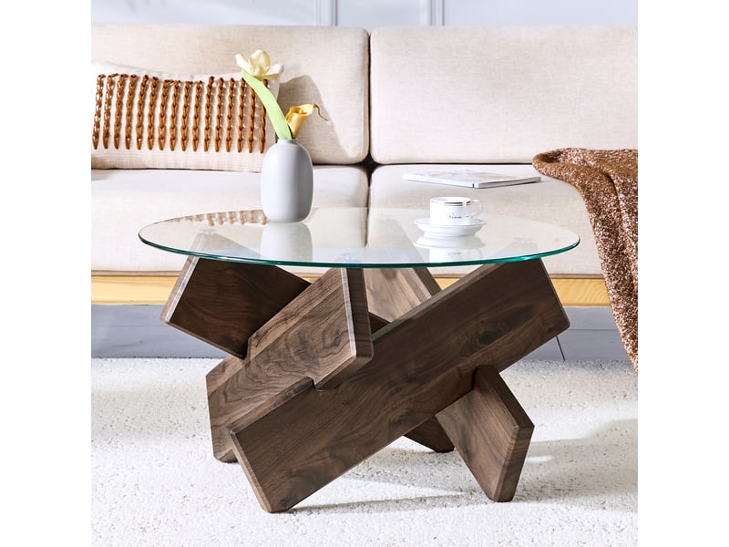 Table basse ronde avec plateau en verre et piètement croisé, en mdf décor noyer, pour salon, 79 × 45 cm - uvrion - Conforama C