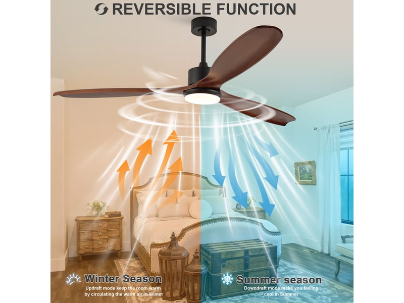  Ventilateur de plafond 177 cm éclairage led 3 pales bois massif noyer et noir réversible 6 vitesses télécommande silencieux  - Conforama C