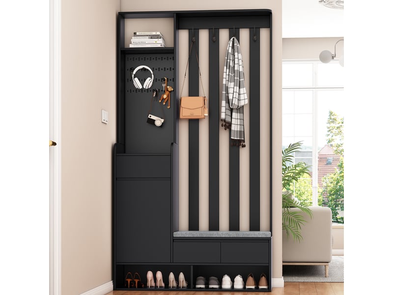  Portemanteau moderne avec banc et rangement - meuble d’entrée avec 4 patères et panneau mural - noir - 100x35x180 cm  - Conforama B