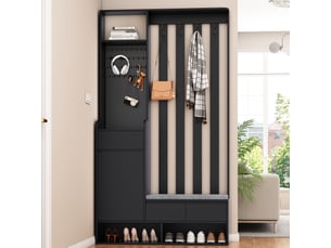 Portemanteau moderne avec banc et rangement - meuble d’entrée avec 4 patères et panneau mural - noir - 100x35x180 cm