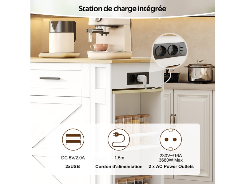  Desserte cuisine mobile 130x50x93 cm plan coulissant, prise usb, 2 tiroirs, mdf blanc et chêne, design moderne  - Conforama E
