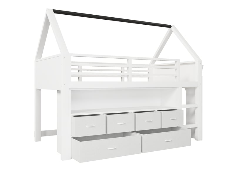  Lit mezzanine enfant 90x200 cm avec led, 6 tiroirs en tissu, blanc, sans matelas  - Conforama D