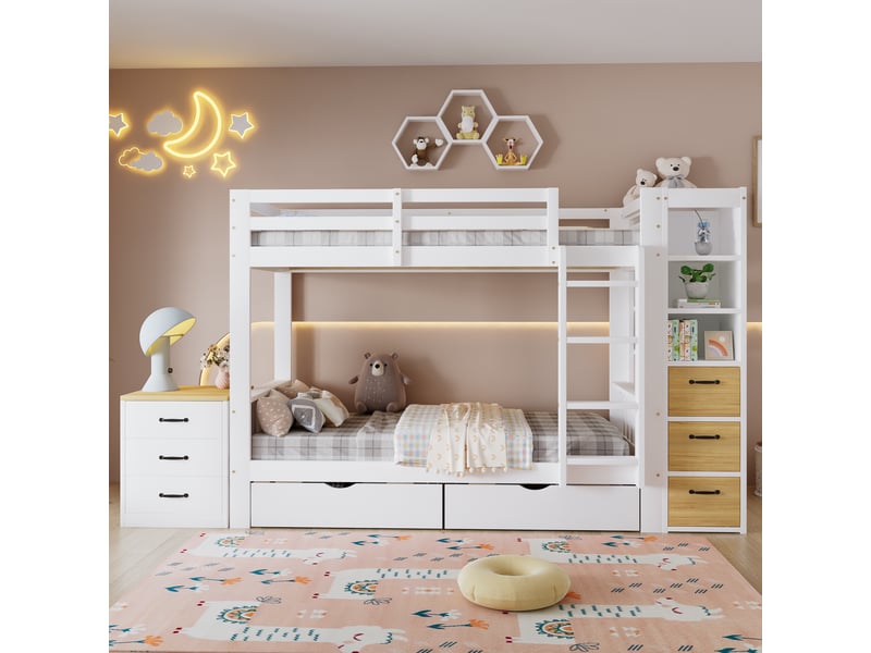  Lit superposé 90x200cm - lit enfant avec 2 tiroirs de lit, bibliothèque latérale, échelle &amp; table de chevet - blanc et bois  - Conforama C