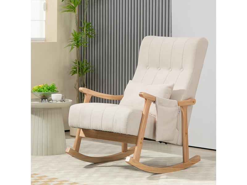  Fauteuil à bascule, rocking chair en tissu efft lin, coussin lombaire, assise rembourrée, pieds en bois d'hévéa, beige  - Conforama D