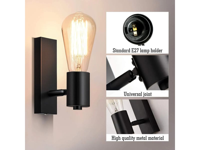  Lot de 2 appliques murales industrielles noires e27, spots muraux orientables et rotatifs pour chambre, salon et cuisine, noir, avec ampoule  - Conforama B