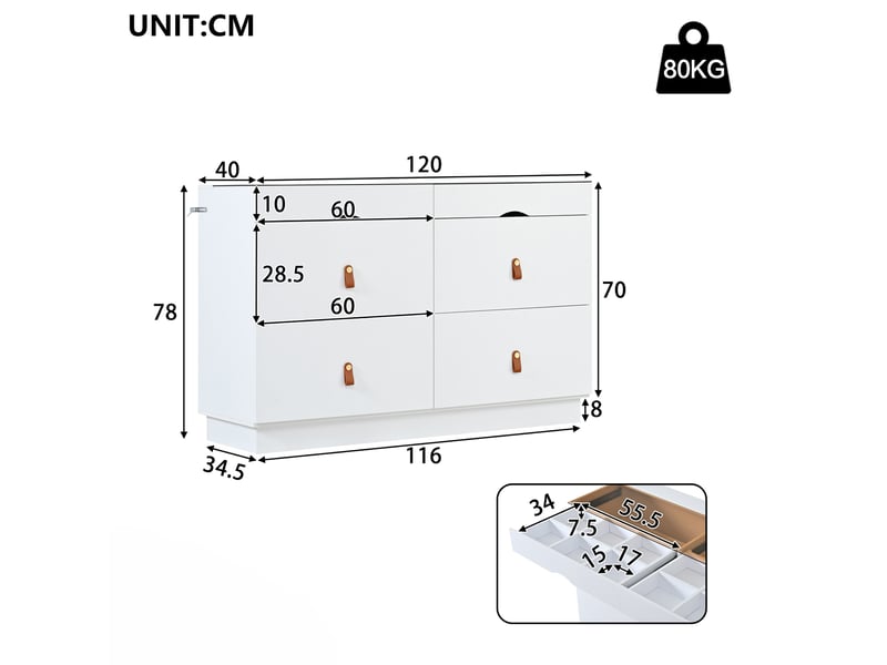  Commode 6 tiroirs 120x40x78 cm – blanc – plateau en verre transparent et rangement compartimenté  - Conforama C
