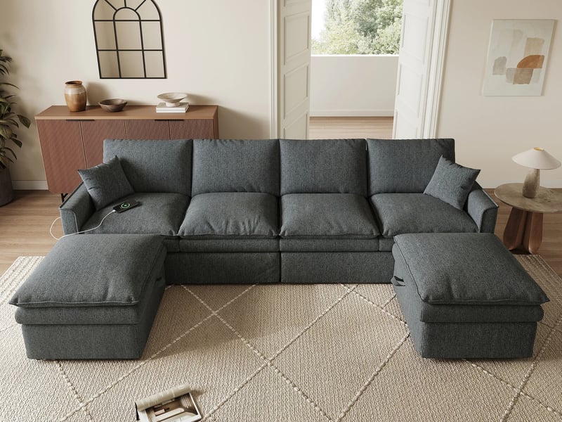  Canapé d'angle modulaire,6 places, avec 2 repose-pieds mobiles avec espace de rangement,277 × 80 × 135 cm,gris  - Conforama B