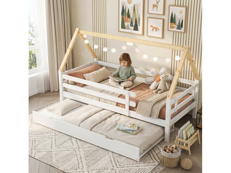  Lit cabane enfant gigogne 90x200 cm et 90x190 cm, blanc et naturel  - Conforama C