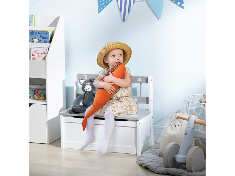  Banc de rangement pour jouets moderne avec vérin à gaz, en mdf et pin, 60 x 30 x 50 cm, blanc et gris  - Conforama B