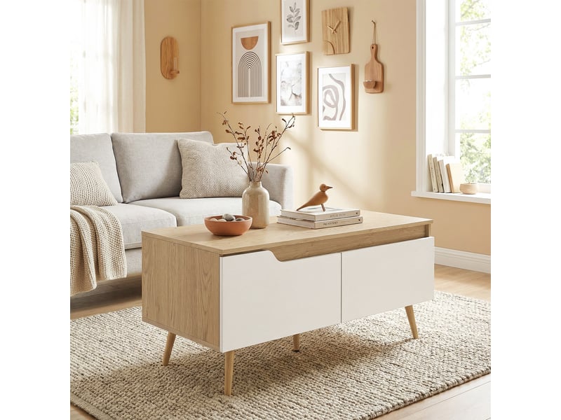 Table basse rectangulaire style scandinave effet bois clair blanc 2 tiroirs niche - Conforama D