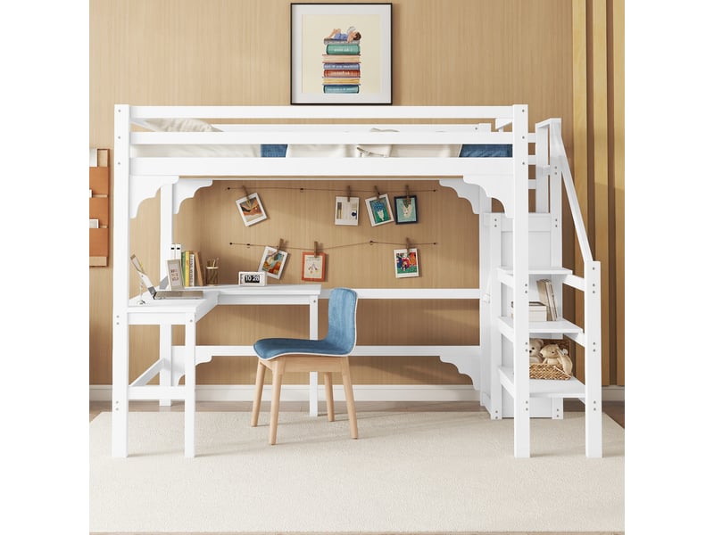 Lit mezzanine blanc 140x200 cm, bureau en l et dressing ouvert en pin - Conforama B