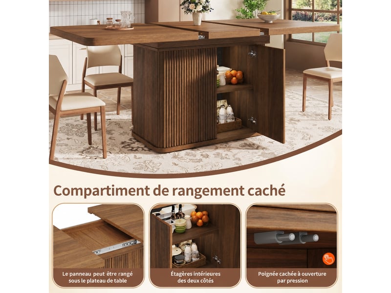  Table à manger extensible 140-180 cm avec rangement caché, finition bois marron  - Conforama D