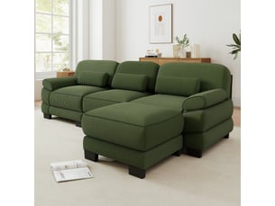 Canapé d’angle modulable 265 cm 3 places avec pouf, design carré épuré, base et accoudoirs à matelassage en canaux, velours côtelé, vert