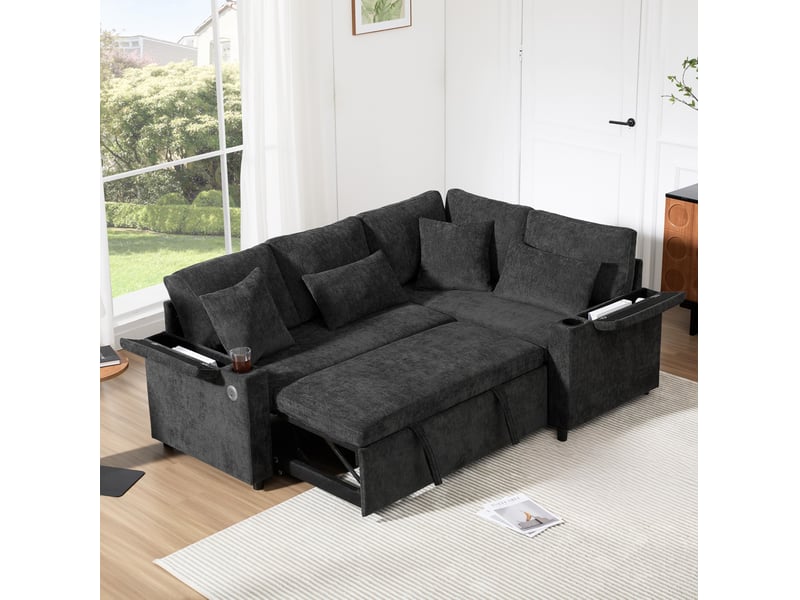  Canapé d'angle convertible modenvie 4 places avec méridienne droite fixe, rangement, usb et porte-gobelet, chenille gris foncé 206,5 x 141 x 86 cm  - Conforama E