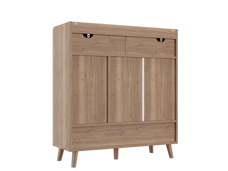  Meuble à chaussures, 3 portes, 2 tiroirs, étagères réglables, 90x35x100 cm, bois blanc et naturel  - Conforama E