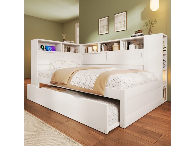  Lit de jour, lit enfant 90x200 + 90x190 cm, canapé-lit, lit gigogne, tête de lit avec rangement, usb, sans matelas, blanc  - Conforama C
