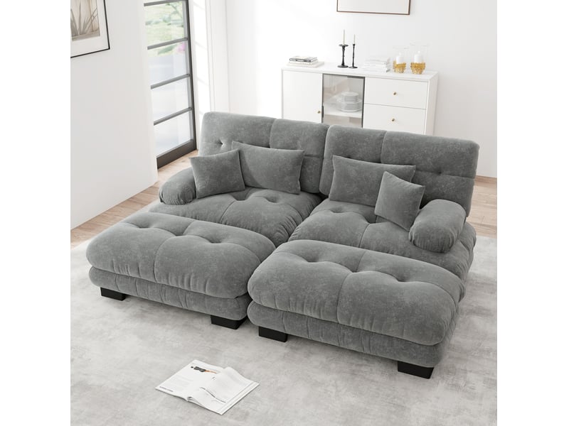  Canapé d'angle modulable 2 places en chenille gris avec 2 poufs  - Conforama D