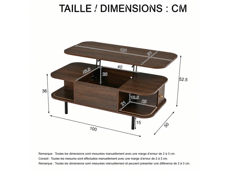  Table basse relevable avec rangement, mdf aspect noyer, 101 x 51 cm  - Conforama C