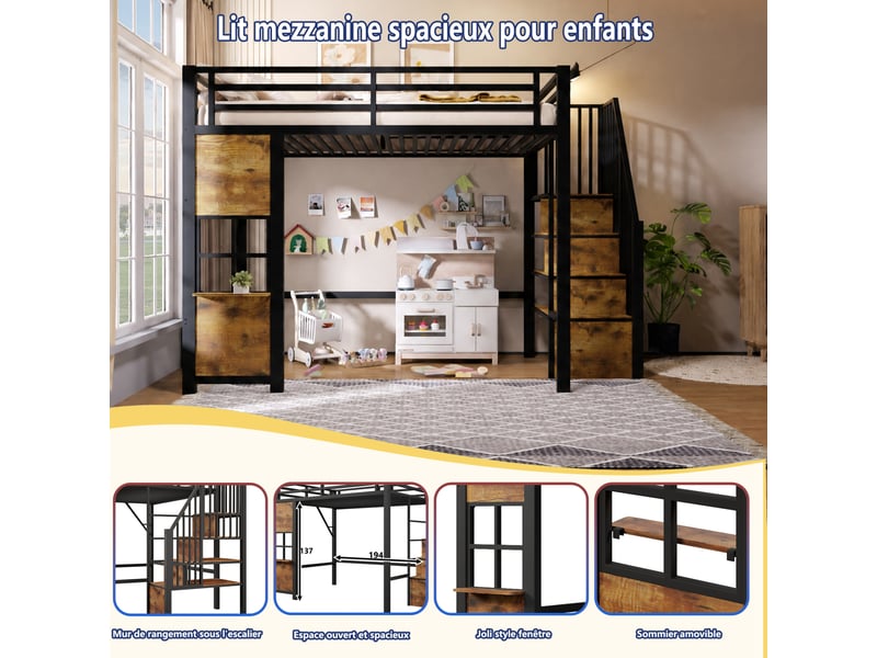  Lit mezzanine enfant 90 × 200 cm 1 place avec escalier de rangement et étagères, sans matelas, métal mdf noir  - Conforama E