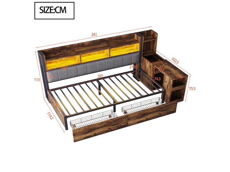  Lit avec rangement 90x200 cm coloris naturel led métal lit enfant naturel - Conforama C