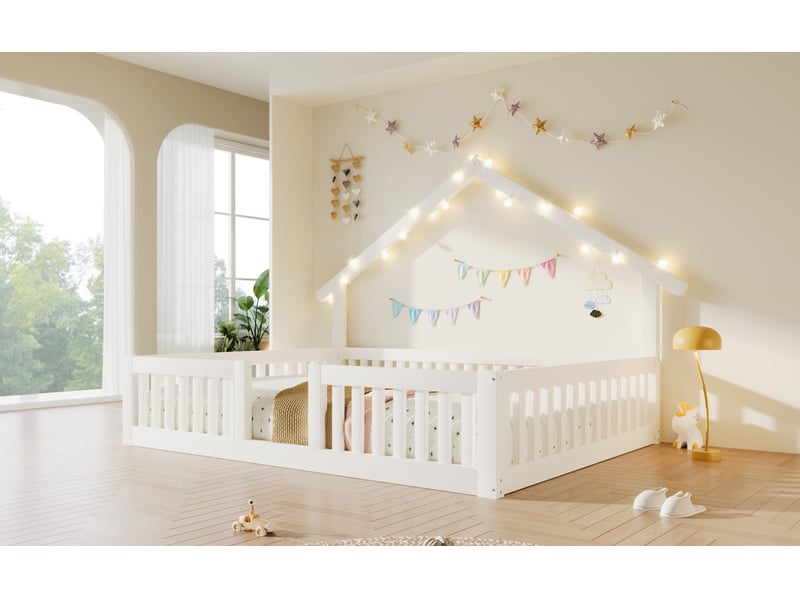  Lit cabane enfant 2 places 140×200 cm avec barrière de sécurité et led  - sans matelas, bois - blanc  - Conforama E